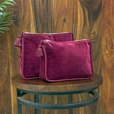Velvet Cosmetic Bag – Small, Large, or Set of 2 | Handmade Washbags with Tassel Zipper | Cotton Lined